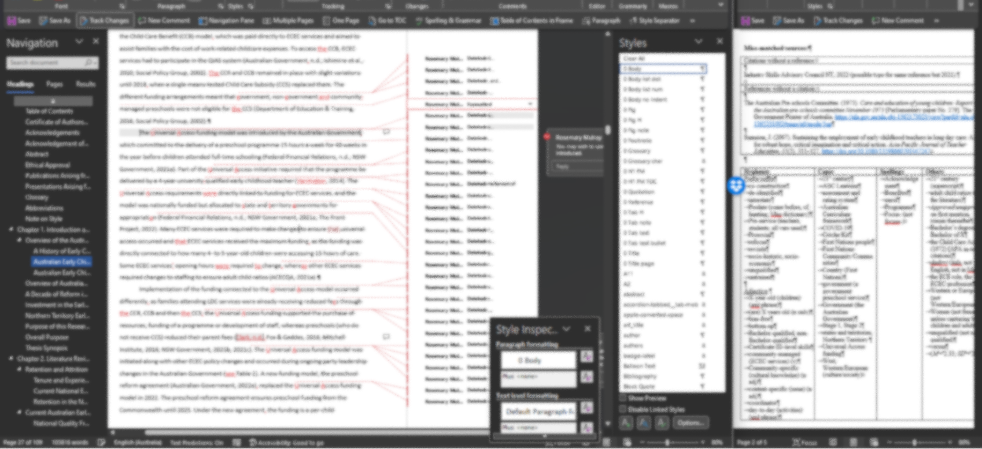 A blurry view of a typical screen an editor would see while working: two Microsoft Word document windows. One shows the Track Changes markup, the Navigation Pane, a comment, the Styles Pane and the Styles Inspector window. The second Microsoft Word window shows a blurry image of a style sheet.