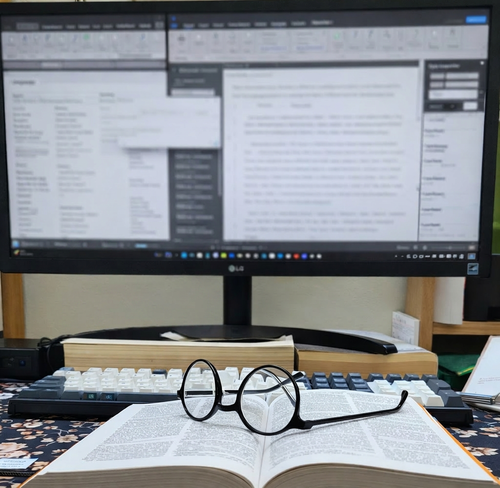 A typical desk set up for editing. Dictionary, style guide, document and style sheet open on the desktop.